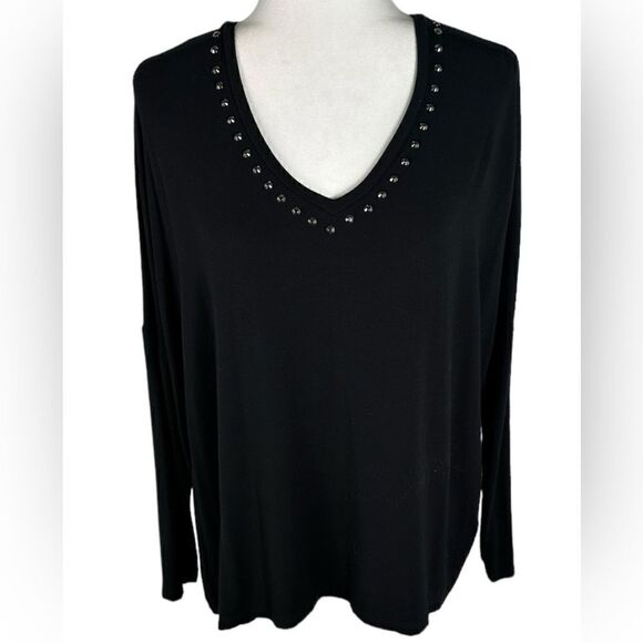 NOTSHY Cashmere Black V Neck Studded Dolman Sleeve Casual Long Sleeve Top - Picture 1 of 5